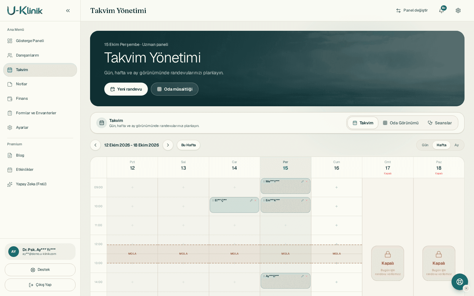 Psikolog takvimi ve seans planlama ekranı